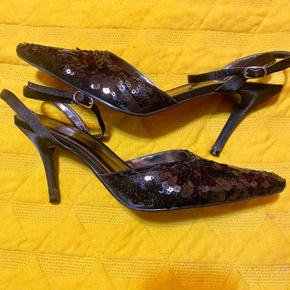 Stefani Collection Nancy Black Sequin Beaded Stiletto Heels, Size 9, In Box